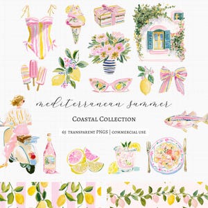 A collection of 60+ cliparts inspired by colorful Mediterranean summers, Amalfi Coast vacations, striped beach clubs, Italian seaside towns, resort fashion, travel postcards, citrus markets, and feminine coastal styling. this collection captures the feeling of a stylish summer holiday along the Italian coast.

Perfect for:
• Summer branding
• Travel stationery
• Scrapbooking & journaling
• Invitations & party decor
• Wrapping paper & fabric design
• Coastal boutique projects
• Summer packaging