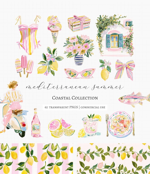 60 Mediterranean Summer Clipart Bundle, Amalfi Coast Watercolor PNG & Italian Coastal Coquette, Preppy Beach Club, Feminine Travel styling