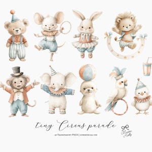 Bring a gentle carnival feeling to your designs with this Vintage Circus Parade Clipart Set — a collection of 45 watercolor-style illustrations featuring parade-ready circus animals and classic circus details. Everything comes as high-quality PNG files with transparent backgrounds, ready to drop into your project.

Use these illustrations for
• nursery wall art and children’s décor
• circus or carnival birthday invitations
• baby shower themes
• branding and small business packaging