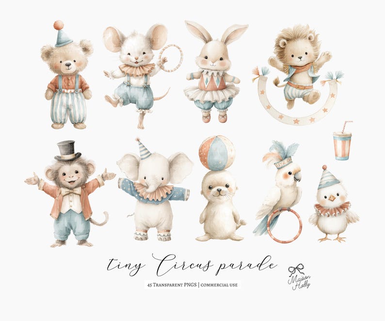 Bring a gentle carnival feeling to your designs with this Vintage Circus Parade Clipart Set — a collection of 45 watercolor-style illustrations featuring parade-ready circus animals and classic circus details. Everything comes as high-quality PNG files with transparent backgrounds, ready to drop into your project.

Use these illustrations for
• nursery wall art and children’s décor
• circus or carnival birthday invitations
• baby shower themes
• branding and small business packaging