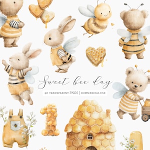 May include: Watercolor illustrations featuring adorable bees, bunnies, and teddy bears dressed in yellow and black striped outfits. The image includes a honeycomb house, heart-shaped honeycombs, and the text "Sweet bee day".