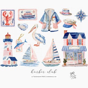 A collection of 55 coastal cliparts inspired by vintage fishing villages, seaside markets, striped harbor resorts, nautical paper goods, and relaxed summer life by the sea.

This collection blends fisherman aesthetic charm with soft editorial coastal styling, featuring sardines, lobster dinners, seafood market details, striped seaside elements, harbor objects, vintage nautical ephemera, ropes, sailboats, oysters, shells, postcards, and weathered dock textures.