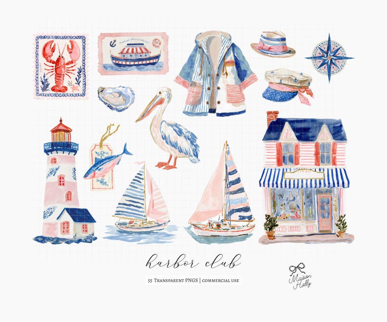 A collection of 55 coastal cliparts inspired by vintage fishing villages, seaside markets, striped harbor resorts, nautical paper goods, and relaxed summer life by the sea.

This collection blends fisherman aesthetic charm with soft editorial coastal styling, featuring sardines, lobster dinners, seafood market details, striped seaside elements, harbor objects, vintage nautical ephemera, ropes, sailboats, oysters, shells, postcards, and weathered dock textures.