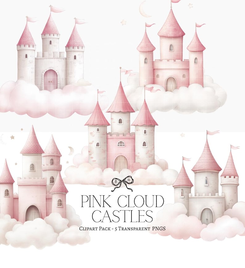 Pink Cloud Castles Dreams Watercolor Clipart Set – Blush Pink Pastel ...