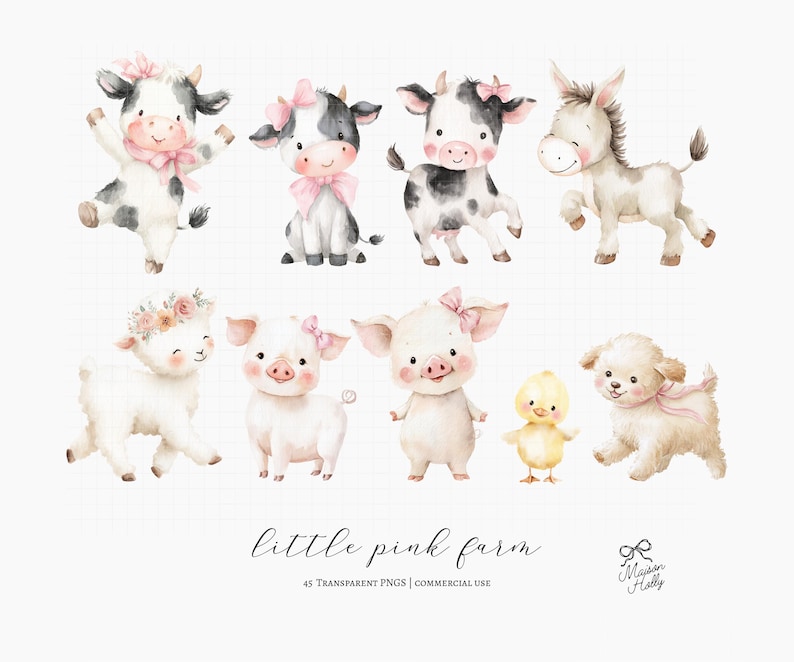 45 Farm Animals Clipart Bundle, Pastel Pink Barnyard Watercolor PNG ...