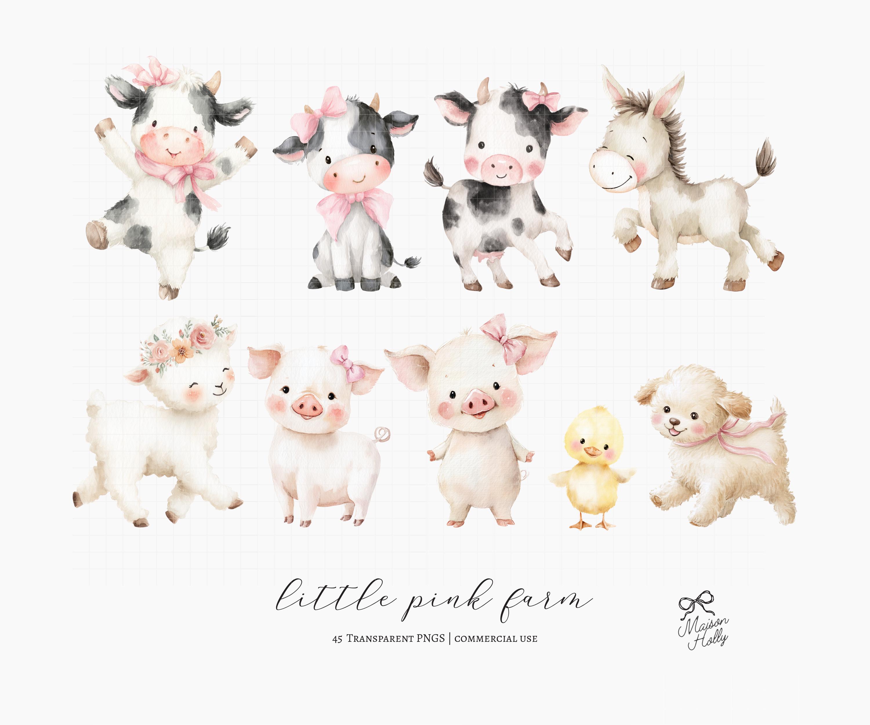 45 Farm Animals Clipart Bundle, Pastel Pink Barnyard Watercolor PNG ...
