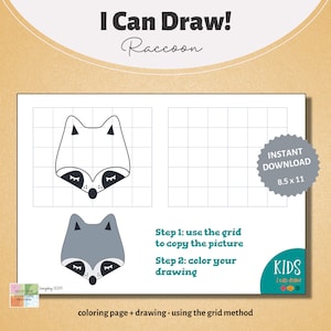 Coloring Page. I Can Draw! Series. Grid Drawing. Raccoon. Printable. Instant Download.