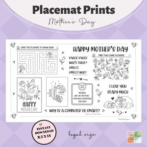 Mother&#39;s Day Printable.  Placemat Prints. Coloring Page. Coloring + Activity Pages On the Go. Legal Size. Instant Download.