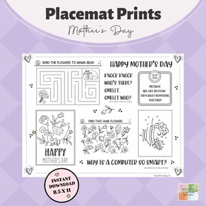 Platzset Drucke. Malvorlage. Malvorlagen + Aktivitätsseiten für unterwegs. Muttertag Printable. Letter Größe. Sofortiger Download.