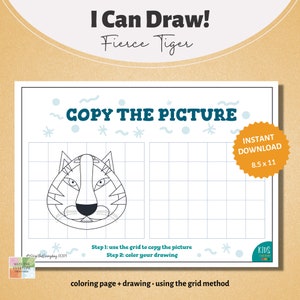 Coloring Page. I Can Draw! Series. Grid Drawing. Fierce Tiger. Printable. Instant Download.