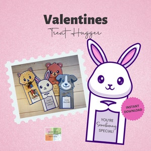 Cute Bunny Valentine Treat Hugger. Valentine&#39;s Day Cards. Printable. Friend Gift. Classroom Valentines. Instant Download.