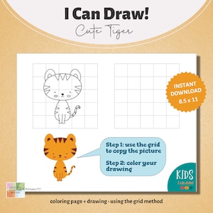 Coloring Page. I Can Draw! Series. Grid Drawing. Tiger. Printable. Instant Download.