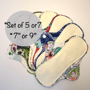 Light Day Reusable Panty Liner Cloth Pads 4 Layers Cotton Flannel, 7” or 9" cloth Washable Pads With Snaps Set of 5 or 7 Eco Friendly