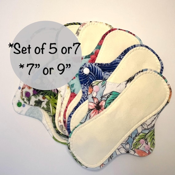 Light Day Reusable Panty Liner Cloth Pads 4 Layers Cotton Flannel, 7” or 9" cloth Washable Pads With Snaps Set of 5 or 7 Eco Friendly