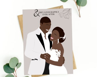 Puede incluir: Una tarjeta de boda con una ilustración digital de una pareja negra en atuendo de boda. El novio lleva un esmoquin blanco con una pajarita negra. La novia lleva un vestido de novia blanco. El texto de la tarjeta dice "& vivieron felices para siempre".