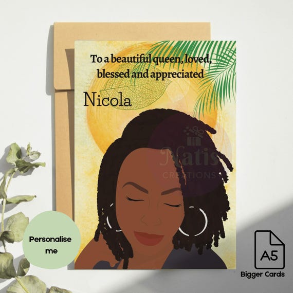 Personalised Afrocentric Black Woman Birthday Card, Queen Illustration