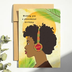 Black Queen 2 Happy Birthday Card,Black Girl Birthday,Afro Hair, Afrocentric,Diverse Card,Afro Caribbean Card, Black Birthday, Music Lover