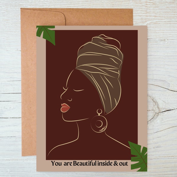 Black Afro Woman Affirmation Card, Black Girl. Black Greeting. Beautiful Inside And Out , Melanin, Diverse, Black Themed Birthday