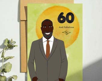 May include: A green and yellow birthday card with a black silhouette of a man in a suit and tie. The card has the number 60 in black balloons and the text "And Fabulous".