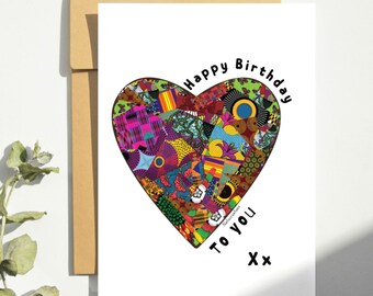 Carte d'anniversaire coeur, imprimé Ankara, inspiré d'imprimés africains, carte de voeux noire, diverses cartes, cartes ethniques, cartes noires