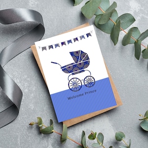 Welcome Baby Card. Pram in Blue and Pink African Print. Blue and Pink