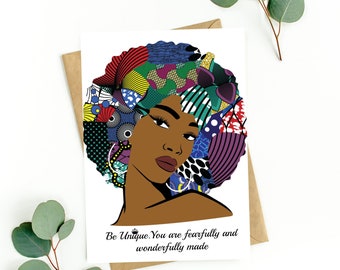Black Afro Woman Birthday Card, Black Girl Birthday. Black Greeting Card. African Print Inspired, Affirmation Card, Fearfully Made Card