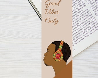 Black Man Bookmark Black King African American Man with Headphone Music Book Lover Melanin Stationery