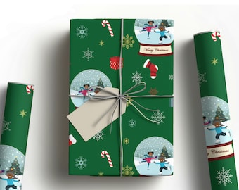 May include: Green wrapping paper with a repeating pattern of snow globes, candy canes, snowflakes, and Christmas stockings. The snow globes feature a winter scene with two children ice skating. The text "Merry Christmas" is printed on the paper.
