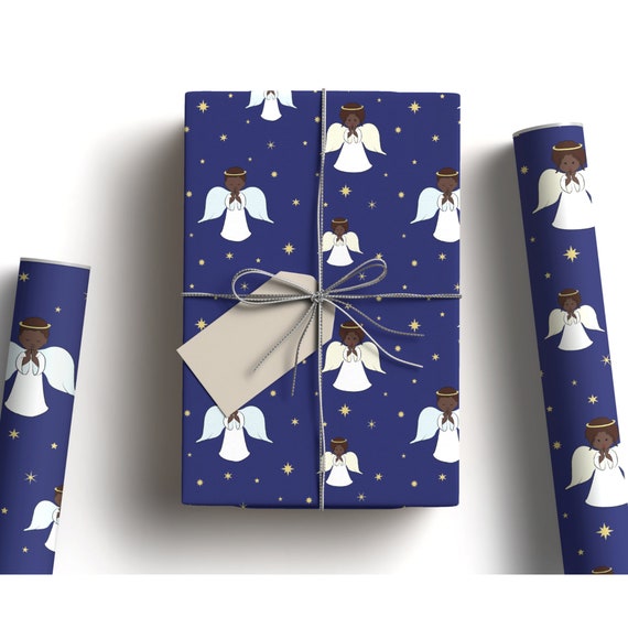 Black Angel Christmas Wrapping Paper Christmas Gift Wrap Black Christmas Angels Blue Stars Etsy UK