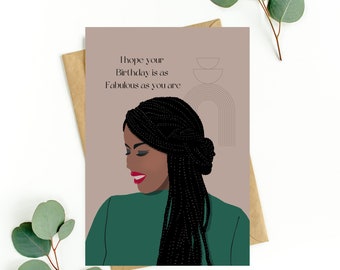 Carte d'anniversaire femme noire avec tresses, anniversaire fille noire, femme souriante reine noire, carte personnes noires, femme noire afro-américaine
