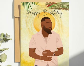 May include: A birthday card with a digital illustration of a person with a beard and a pink shirt. The background is yellow with a sun and palm leaves. The text "Happy Birthday" is written in black at the top of the card.