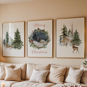 Winter Forest Christmas Prints, Set Of 3, Winter Wonderland, Merry Christmas, Happy Holidays, Deer Prints, Holiday Decor, Christmas Wall Art image 1