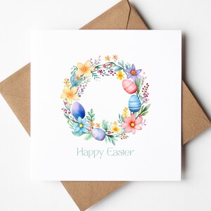 Joyeuses Pâques carte de couronne de fleurs printanières, oeuf de Pâques, carte de voeux botanique aquarelle, carte florale pour grand-mère/grand-père, maman/papa, tante/oncle