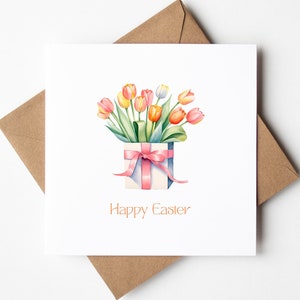Carte bouquet de tulipes joyeuses Pâques, panier de fleurs de printemps, orange et rose, voeux de Pâques, cartes florales pour grand-père/grand-père, maman/papa, tante/oncle