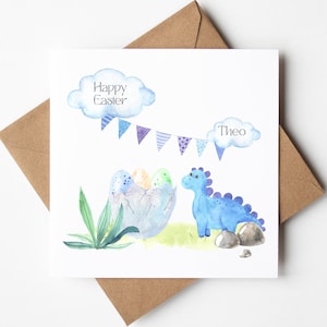 Carte de Pâques personnalisée dinosaure, 1ère Pâques, carte bleue dinosaure pour enfants, ufs de Pâques, carte de voeux de joyeuses Pâques personnalisée, stégosaure