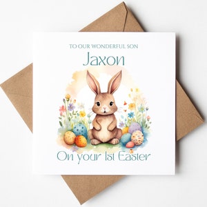 Carte personnalisée premier lapin de Pâques fils fille, 1ère Pâques de bébé, couleurs de l'arc-en-ciel, oeufs de lapin de Pâques, carte de maman et papa, maman/papa