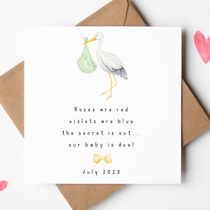Faire-part de bébé PERSONNALISÉ, carte de révélation de grossesse de Pâques, faire-part de bébé de printemps, bébé d'été, carte de bébé cigogne, date d'échéance de bébé,
