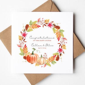 Tarjeta de boda de otoño, tarjetas personalizadas del día de la boda, tarjetas de calabaza, tarjeta de calabazas, corona de otoño, boda de otoño, la pareja feliz, Sr. y Sra.