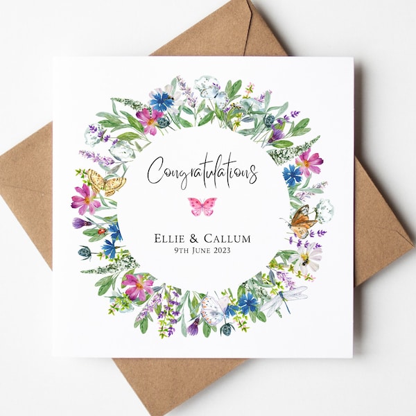 Personalised Botanical Spring Wedding Day Cards, Bride And Groom, Wildflower Wedding Card, Summer Wedding, Butterfly Cards, Botanical Cards