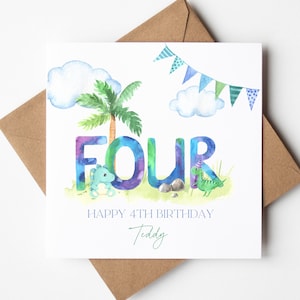 Carte personnalisée 4e anniversaire dinosaure, quatrième anniversaire, carte numéro quatre, carte d'anniversaire dinosaure, joyeux anniversaire, fils/fille/neveu/nièce