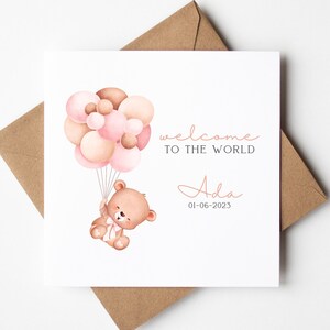 Carte personnalisée ours en peluche rose, petite fille, bienvenue dans le monde, carte C'est une fille, carte ballons roses, nouvelle petite-fille, carte nièce