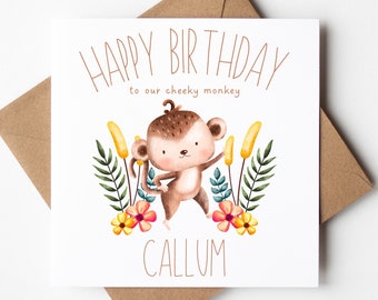 Personalised Cheeky Monkey Happy Birthday Card, Jungle Birthday, Safari Animals, Animal Card, Son/Daughter/Niece/Nephew, Grandchild Card