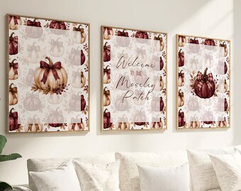 Personalised Set of 3 Prints, Burgundy Autumn Pumpkins, Family Name Print, Fall Halloween, Living Room Decor, Hallway Prints