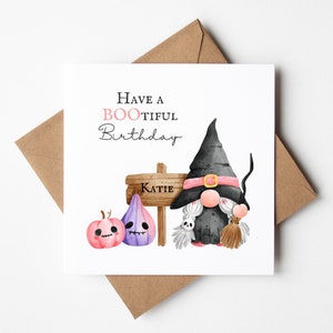 Halloween Birthday Card, Personalised Card, Happy Birthday, October Birthday, Libra Birthday, Halloween Gnome, Gonk, Pink Card, Pumpkin Card