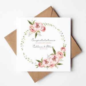 Peony Wedding Card, Personalised Wedding Day Cards, Pink Peonies, Peony Flower Wreath, The Happy Couple, Mr & Mrs, Mrs And Mrs, Floral Card