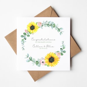Carte de mariage tournesol, Les mariés, Cartes personnalisées, Carte tournesol, Couronne de tournesol, L'heureux couple, M. et Mme Mme et Mme, Floral