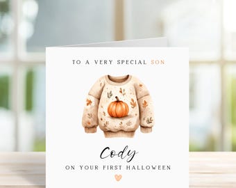 Personalised First Halloween Card, Baby's 1st, Autumn Sweater, Custom Name Cards For Children, My First Halloween