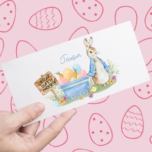 Enveloppe bleue personnalisée en argent avec lapin de Pâques, lapin, enfants, adolescents, petits-enfants en argent comptant de Pâques, fils fille nièce neveu