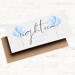 Portefeuille personnalisé pour 18e anniversaire, carte de ballons bleus, carte de 18e anniversaire pour lui, carte-cadeau d'anniversaire important, fils/petit-fils/neveu