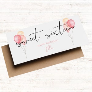 Carte portefeuille personnalisée seize ans, Ballons roses, carte de 16e anniversaire pour elle, cadeaux en espèces, fille/petite-fille/nièce